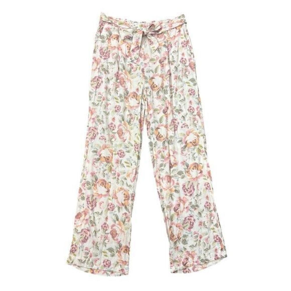 Jules & Leopard Floral Pants Pull On Belted Small White Pink Wide Leg Women Boho
